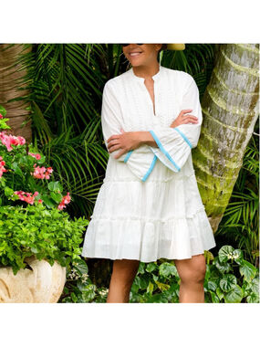 Walker & Wade Bella Dress White Mini V Neck Ruffle Hem Cotton Long Bell Sleeve S